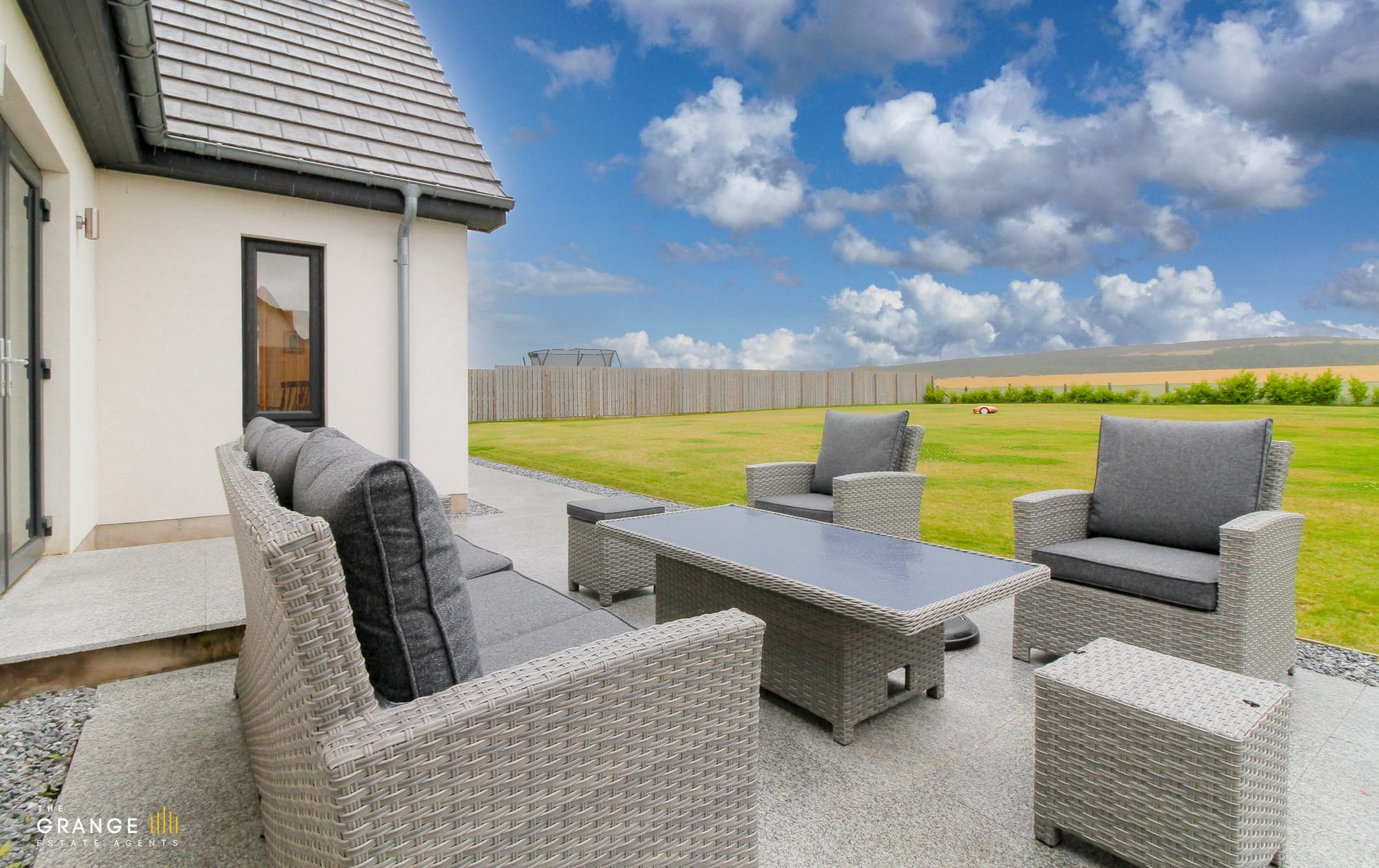 Patio seating with countryside views